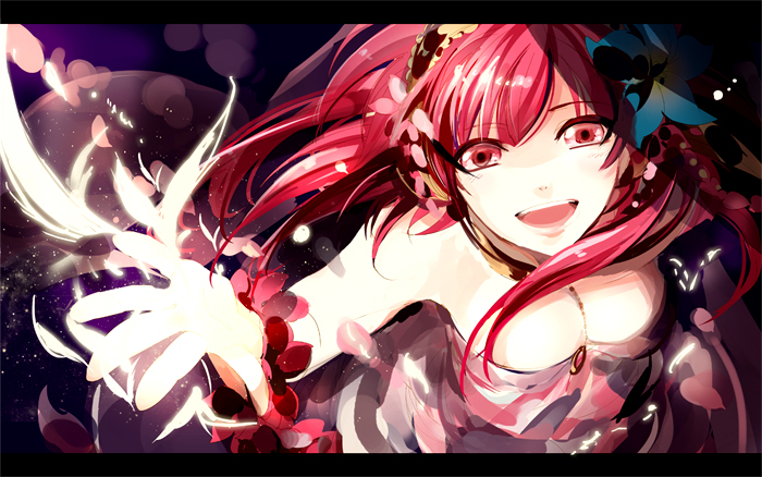 :d arm_up blue_flower bracelet breasts cleavage flower from_above hair_flower hair_ornament hairband jewelry long_hair looking_at_viewer magi_the_labyrinth_of_magic medium_breasts morgiana okurai open_mouth red_eyes red_hair sleeveless smile solo