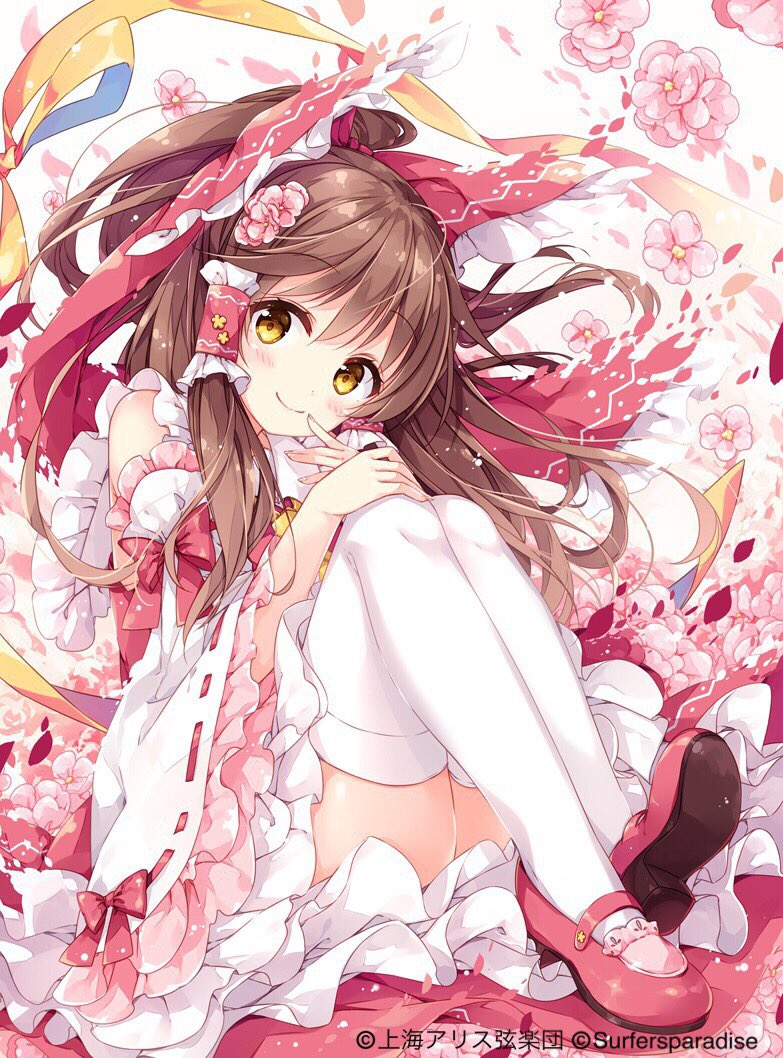 bangs blush bow brown_hair closed_mouth commentary_request detached_sleeves eyebrows_visible_through_hair flower frilled_sleeves frills full_body hair_bow hair_flower hair_ornament hair_tubes hakurei_reimu hand_on_own_knee hand_to_own_mouth hand_up legs_together long_hair looking_at_viewer mary_janes mochizuki_shiina red_bow red_footwear shoes sidelocks sitting smile solo thighhighs touhou white_legwear wide_sleeves yellow_eyes zettai_ryouiki