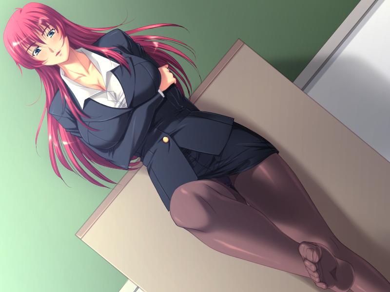 1girl blue_eyes blush breasts chalkboard classroom cleavage feet large_breasts long_hair no_shoes one_leg_raised pantyhose pantyshot parted_lips pov red_hair soles teacher toes