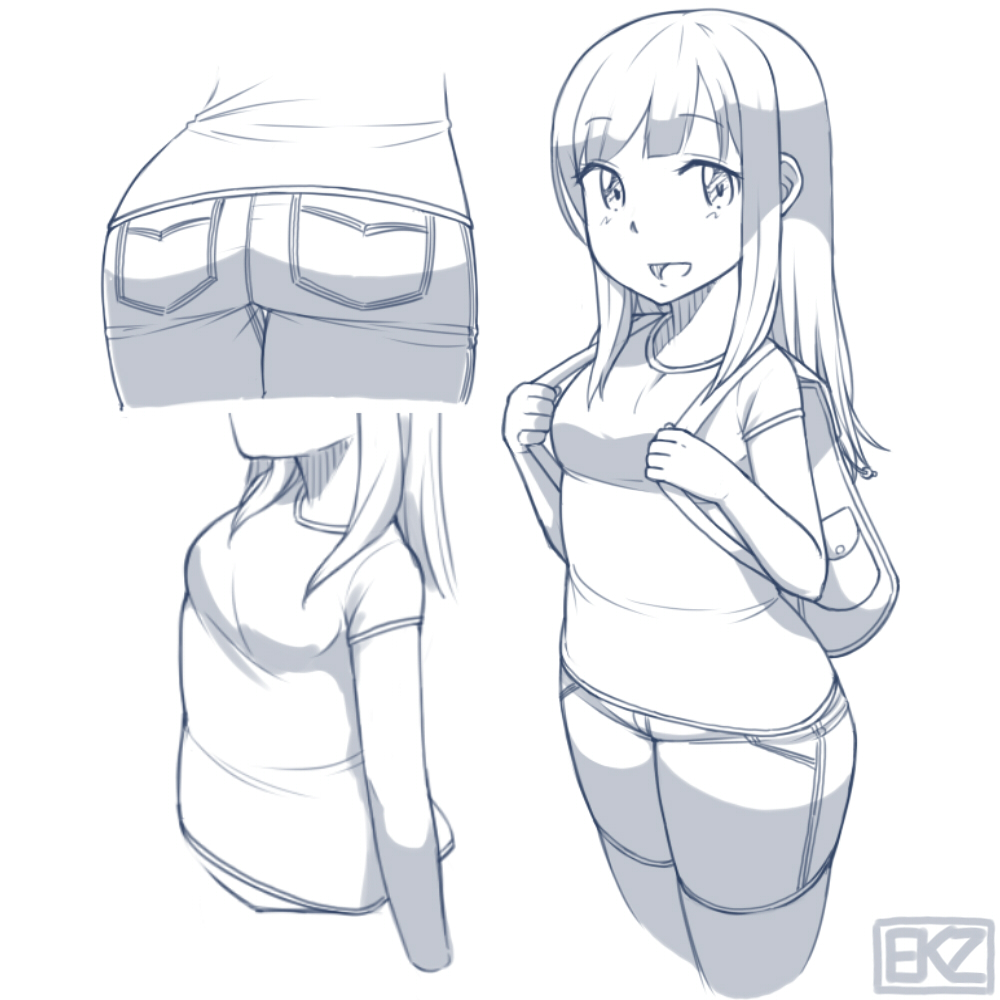 :d arm_at_side ass backpack bag blue blush breasts cropped_legs ekz_(drawfag) eyebrows_visible_through_hair greyscale head_out_of_frame long_hair looking_at_viewer monochrome multiple_views open_mouth original shirt short_sleeves shorts sketch small_breasts smile white_background