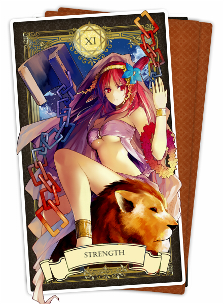 anklet bad_id bad_pixiv_id blue_flower bracelet breasts chain cleavage flower hair_flower hair_ornament hairband jewelry lion long_hair looking_at_viewer magi_the_labyrinth_of_magic medium_breasts midriff morgiana necomi red_eyes red_hair sitting solo stomach strength_(tarot_card) underboob