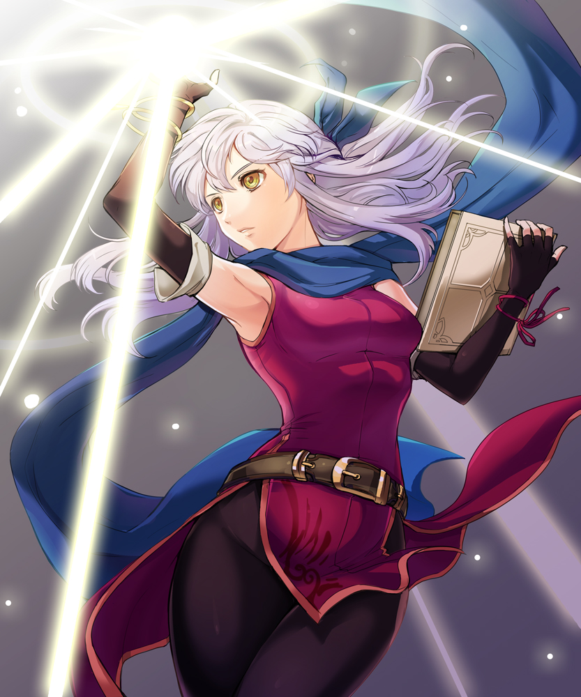 arm_up armpits bare_shoulders belt belt_buckle black_gloves black_legwear blue_scarf book breasts buckle commentary_request cowboy_shot dress elbow_gloves fingerless_gloves fire_emblem fire_emblem:_akatsuki_no_megami gloves glowing hair_ribbon half_updo holding holding_book jewelry kokouno_oyazi light_rays long_hair looking_to_the_side magic medium_breasts micaiah pantyhose parted_lips ribbon scarf side_slit silver_hair sleeveless sleeveless_dress solo standing wrist_ribbon yellow_eyes