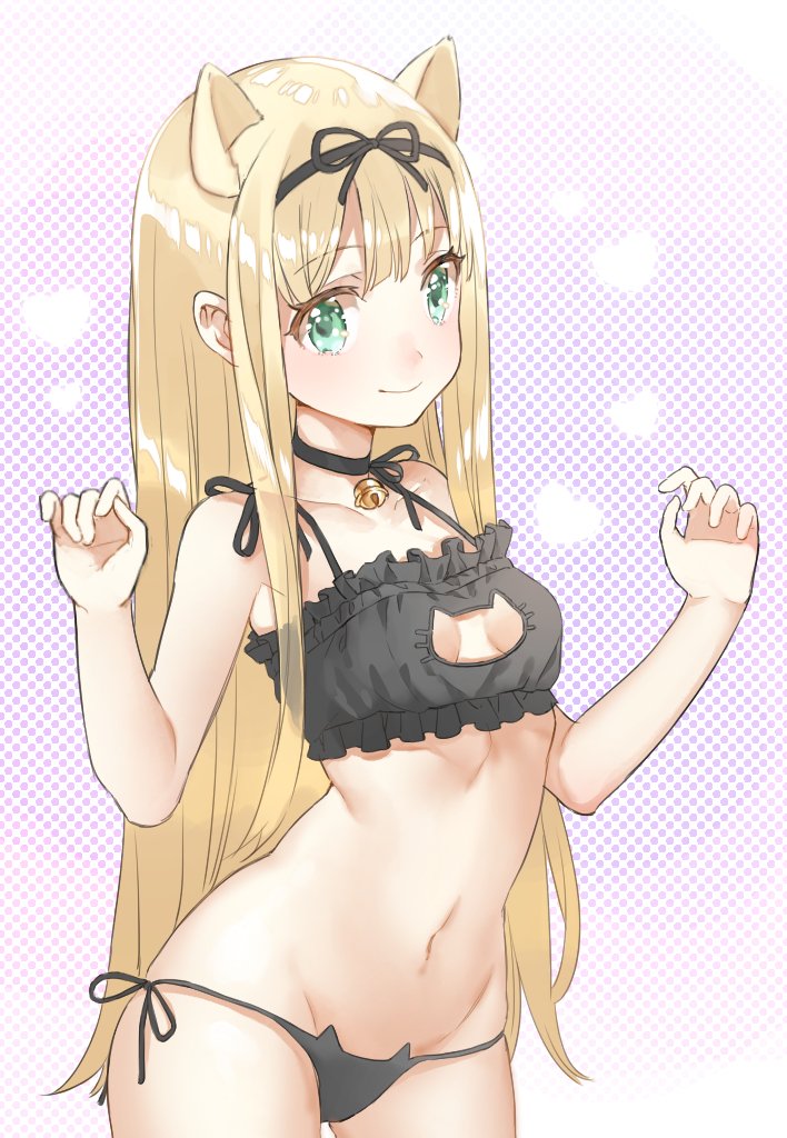 alternate_costume animal_ears bangs bell bell_collar blonde_hair breasts cat_cutout cat_ear_panties cat_ears cat_lingerie cleavage_cutout collar commentary cowboy_shot green_eyes hair_ribbon heart heart_background kantai_collection long_hair looking_at_viewer meme_attire navel panties polka_dot polka_dot_background ribbon shiosoda side-tie_panties small_breasts smile solo underwear yuudachi_(kantai_collection)