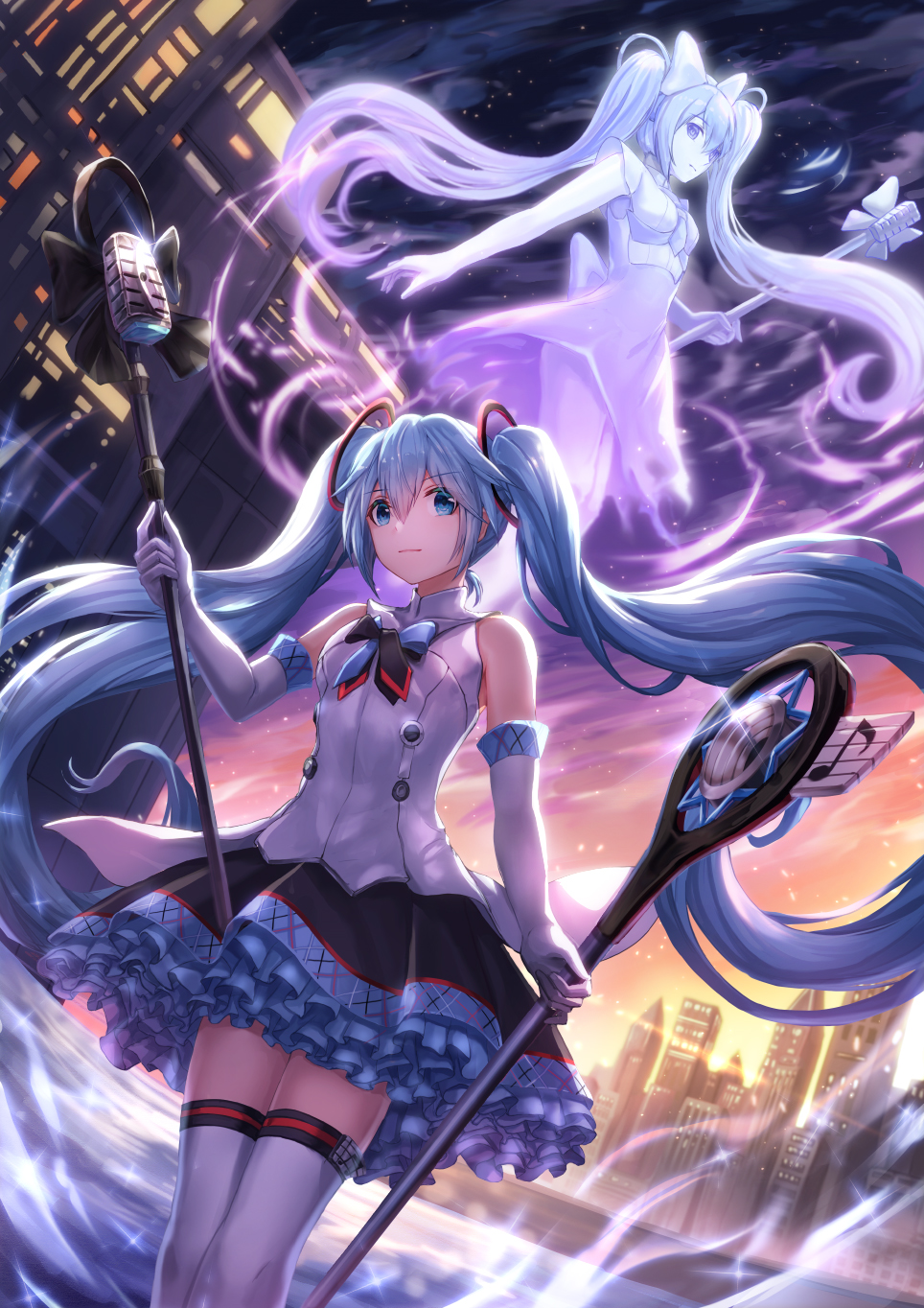 bangs blue_eyes blue_hair city commentary_request dutch_angle eighth_note elbow_gloves eyebrows_visible_through_hair gloves hatsune_miku highres long_hair lunacle magical_mirai_(vocaloid) microphone microphone_stand multiple_girls musical_note skirt thighhighs twintails very_long_hair vocaloid white_gloves white_legwear
