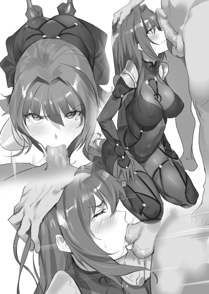 1girl :&gt;= bangs blush bodysuit breasts censored clothed_female_nude_male cum cum_in_mouth cumdrip erection eyebrows_visible_through_hair fate/grand_order fate_(series) fellatio from_side frown greyscale hair_intakes hand_on_another's_head hands_on_lap hetero irrumatio kneeling large_breasts long_hair looking_at_another looking_at_viewer looking_up monochrome mosaic_censoring nude oral parted_lips penis penis_awe pov pov_crotch profile scathach_(fate)_(all) scathach_(fate/grand_order) seiza shoulder_armor simple_background sitting spaulders sweat tears testicles very_long_hair white_background yang-do