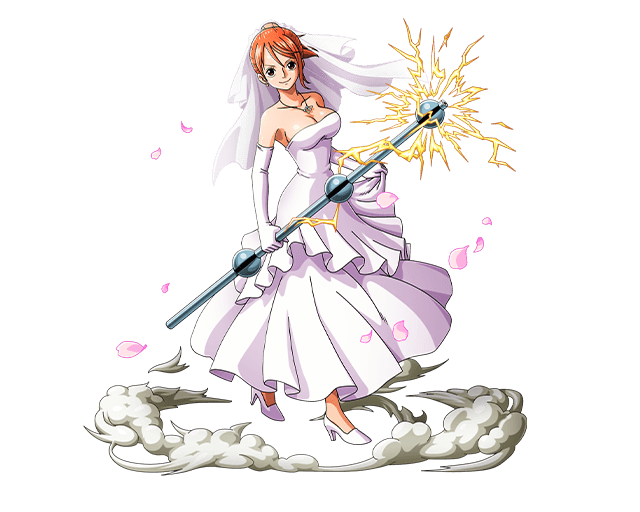 bodskih breasts bridal_veil brown_eyes cleavage collarbone dress earrings elbow_gloves full_body gloves high_heels holding holding_staff jewelry large_breasts looking_at_viewer nami_(one_piece) necklace one_piece orange_hair shoes short_hair sleeveless sleeveless_dress smile solo staff standing strapless strapless_dress transparent_background veil wedding_dress white_dress white_footwear white_gloves