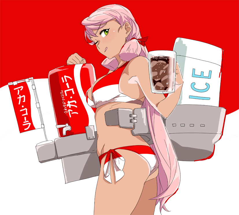 akashi_(kantai_collection) alternate_color ass bikini brand_name_imitation can coca-cola cowboy_shot dispenser flag green_eyes hair_ribbon kantai_collection long_hair looking_at_viewer machinery ojipon one_eye_closed pink_hair ribbon rigging side-tie_bikini soda solo swimsuit tan tanline tress_ribbon two-tone_bikini