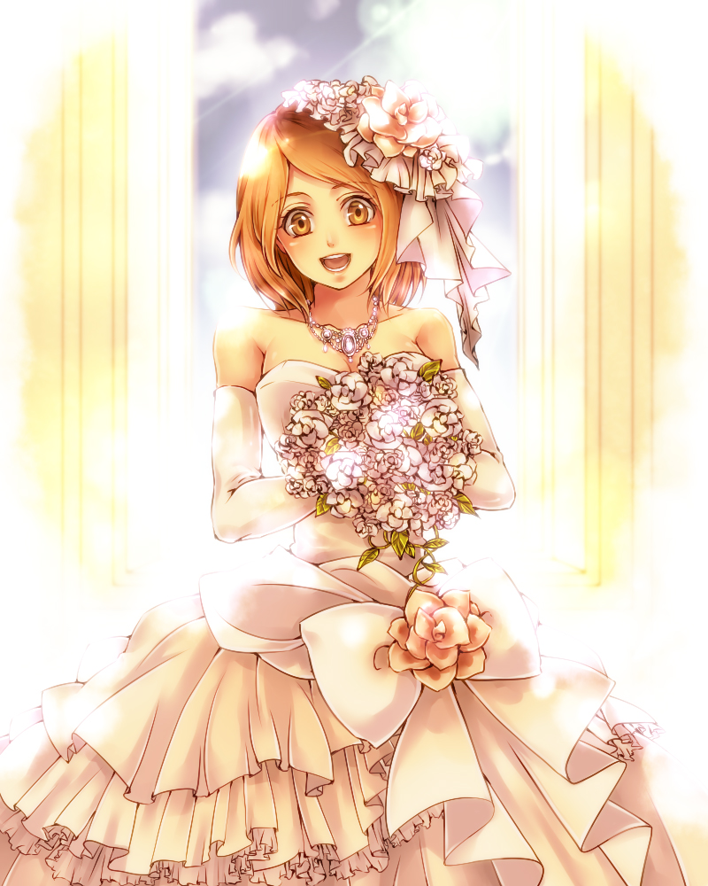:d bouquet brown_eyes brown_hair collarbone detached_sleeves dress flower hair_ornament holding holding_bouquet jewelry layered_dress long_hair looking_at_viewer necklace open_mouth petra_ral raven-y2 shingeki_no_kyojin sleeveless sleeveless_dress smile solo standing strapless strapless_dress striped striped_dress white_dress white_flower