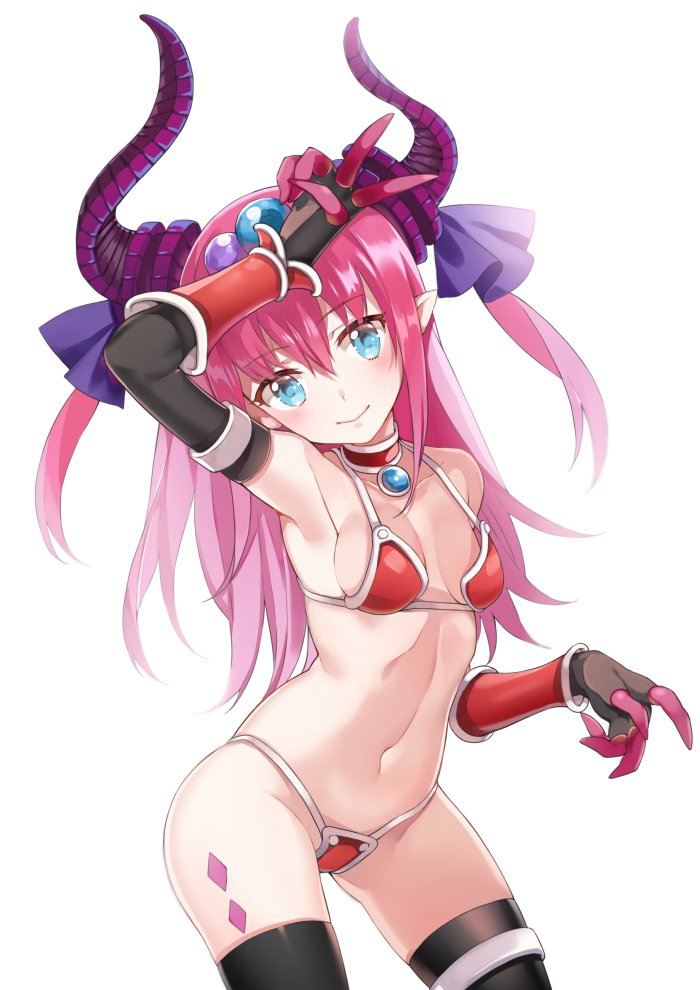 arm_up armor armpits asymmetrical_horns bikini bikini_armor black_legwear blue_eyes blue_ribbon breasts brooch choker cleavage commentary_request contrapposto elizabeth_bathory_(brave)_(fate) elizabeth_bathory_(fate)_(all) fate/extra fate/extra_ccc fate_(series) hair_ribbon jewelry long_hair looking_at_viewer navel pink_hair red_bikini ribbon shiosoda silver_trim simple_background small_breasts solo standing stomach swimsuit thighhighs v vambraces white_background