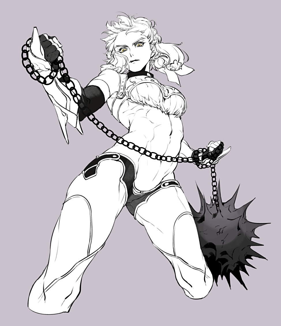 armor ball_and_chain breasts chain closed_mouth cropped_legs fate/grand_order fate_(series) fighting_stance from_below grey_background holding holding_weapon large_breasts legs_apart long_hair looking_at_viewer looking_down monochrome muscle muscular_female navel penthesilea_(fate/grand_order) serious simple_background solo spikes spot_color standing tenobe vambraces weapon yellow_eyes