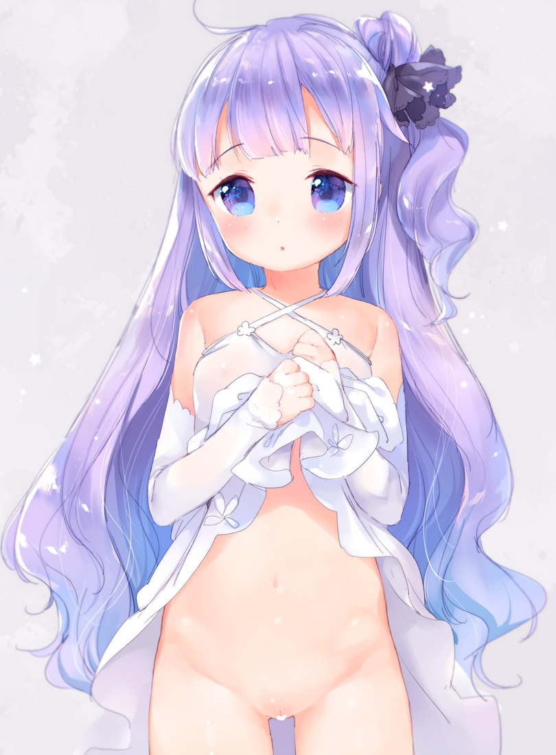 :o azur_lane bangs blue_eyes blush bottomless breasts censored cleft_of_venus commentary_request cowboy_shot criss-cross_halter detached_sleeves dress dress_lift eyebrows_visible_through_hair halterneck hands_up heart heart_censor long_hair medium_breasts mutou_mato navel one_side_up petite purple_hair pussy see-through side_bun sidelocks solo tareme thighs unicorn_(azur_lane) very_long_hair wavy_hair