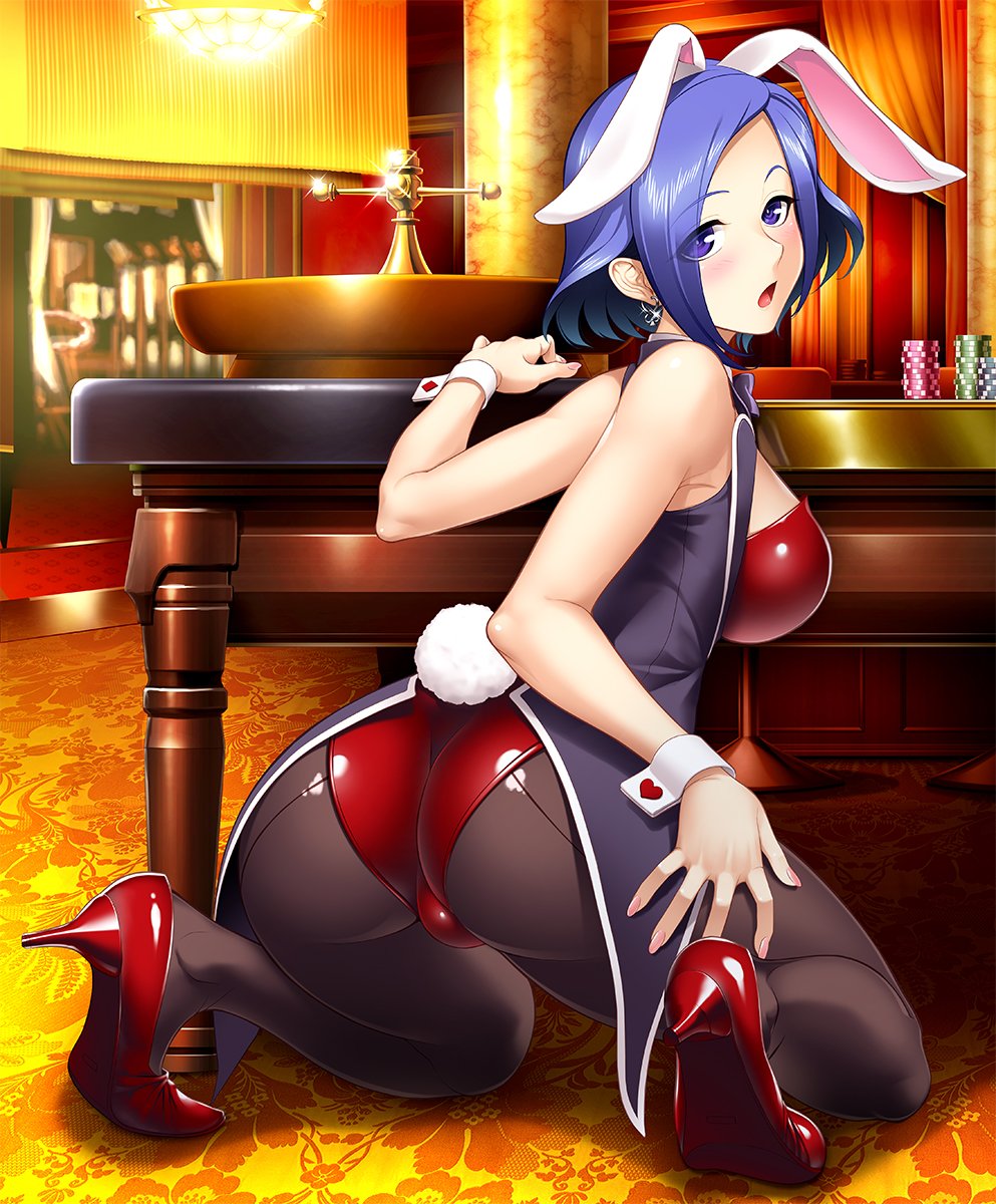 animal_ears ass bangs blue_eyes blue_hair blush breasts bunny_ears bunny_tail bunnysuit casino commentary earrings eyebrows_visible_through_hair high_heels highres indoors jewelry kneeling looking_at_viewer looking_back medium_breasts official_art open_mouth pantyhose poker_chip roulette_table shiny short_hair solo tail taimanin_(series) taimanin_asagi_kessen_arena wrist_cuffs zol
