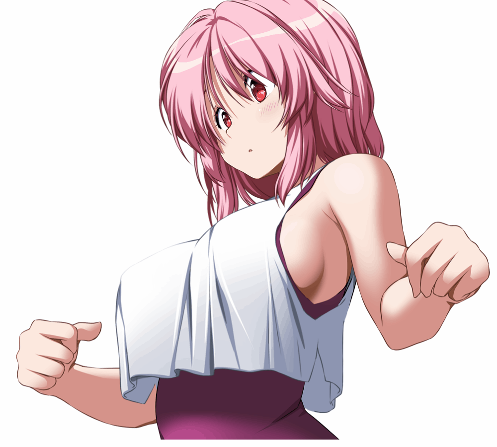 alternate_costume animated animated_gif bare_arms bouncing_breasts breasts covered_navel crop_top large_breasts leotard no_bra nori_tamago pink_hair purple_leotard red_eyes saigyouji_yuyuko sideboob simple_background solo touhou upper_body white_background