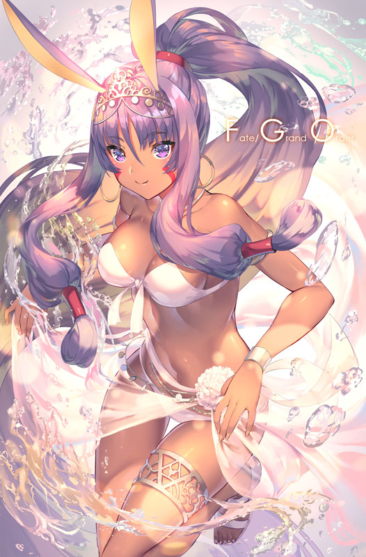 aguy alternate_costume alternate_hairstyle commentary_request dark_skin fate/grand_order fate_(series) hair_tubes jewelry long_hair navel necklace nitocris_(fate/grand_order) nitocris_(swimsuit_assassin)_(fate) partial_commentary purple_eyes purple_hair sandals solo swimsuit thigh_gap thigh_strap water wristband