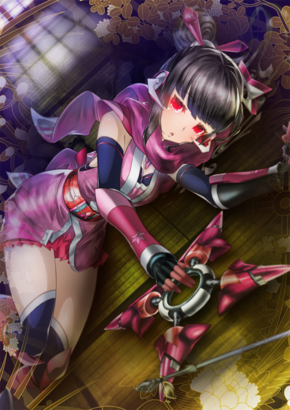 alternate_costume alternate_hairstyle black_gloves black_hair black_legwear blurry blush breasts cleavage commentary_request elbow_gloves eyebrows_visible_through_hair gloves glowing glowing_eyes hair_bun highres holding holding_weapon japanese_clothes kimono long_hair looking_at_viewer lying md5_mismatch ninja on_side open_mouth pink_eyes pink_kimono rootdesign sash scarf senki_zesshou_symphogear senki_zesshou_symphogear_xd_unlimited shiny shiny_skin short_kimono shuriken sliding_doors small_breasts solo tatami thighhighs tsukuyomi_shirabe vambraces weapon