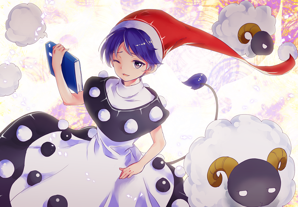 :3 antinomy_of_common_flowers bare_arms black_capelet black_dress blue_hair book brown_eyes capelet commentary_request doremy_sweet dress hat holding holding_book looking_at_viewer makuwauri nightcap one_eye_closed pom_pom_(clothes) sheep short_hair smile solo tail tapir_tail touhou