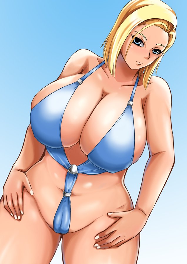 1girl android_18 blonde_hair blue_eyes blush breasts cleavage curvy dragonball_z huge_breasts looking_at_viewer navel plump solo swimsuit tagme thick_thighs wide_hips