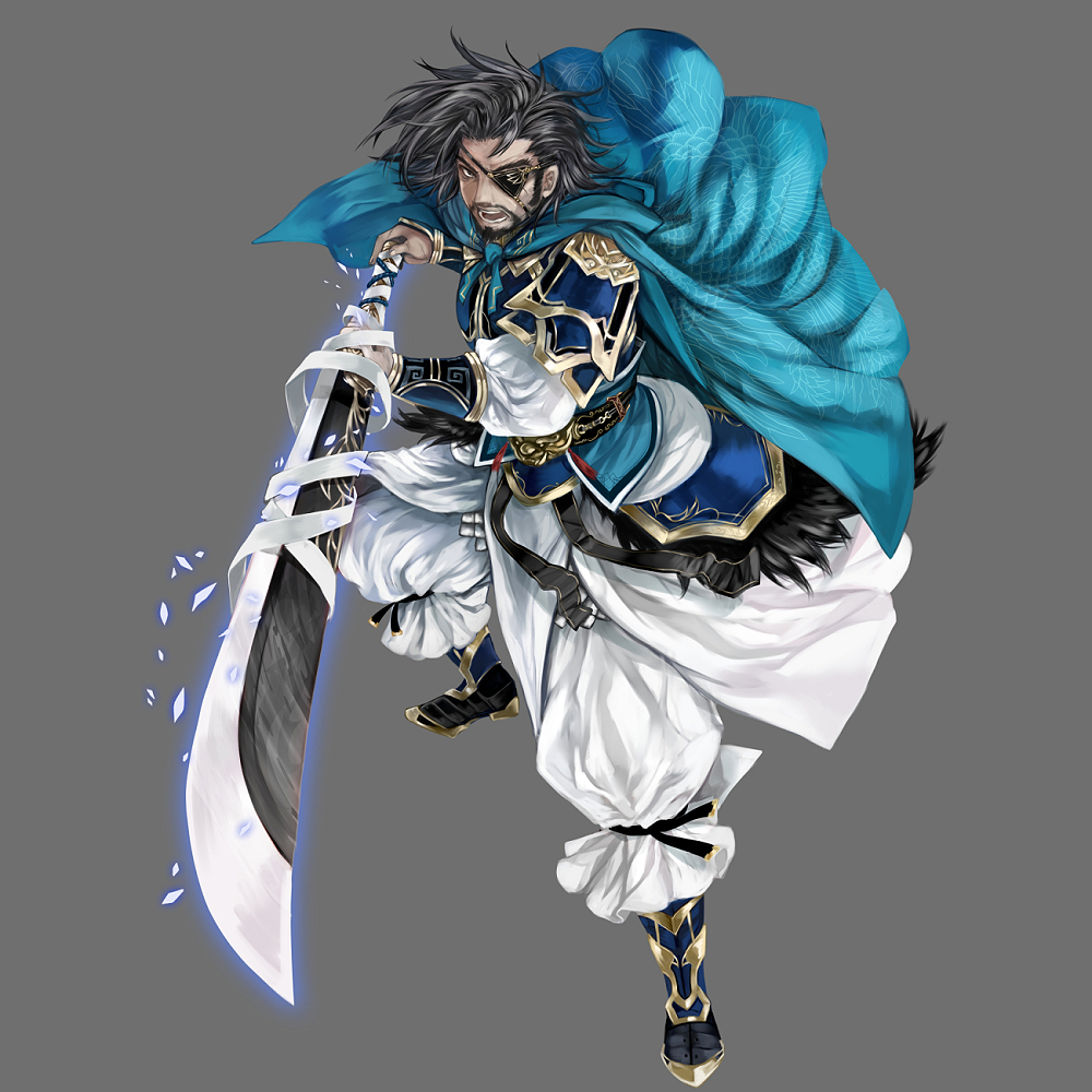 apt armor beard black_hair cape eyepatch facial_hair full_body grey_background gyakushuu_no_fantasica holding holding_sword holding_weapon looking_at_viewer male_focus official_art open_mouth simple_background solo sword teeth weapon