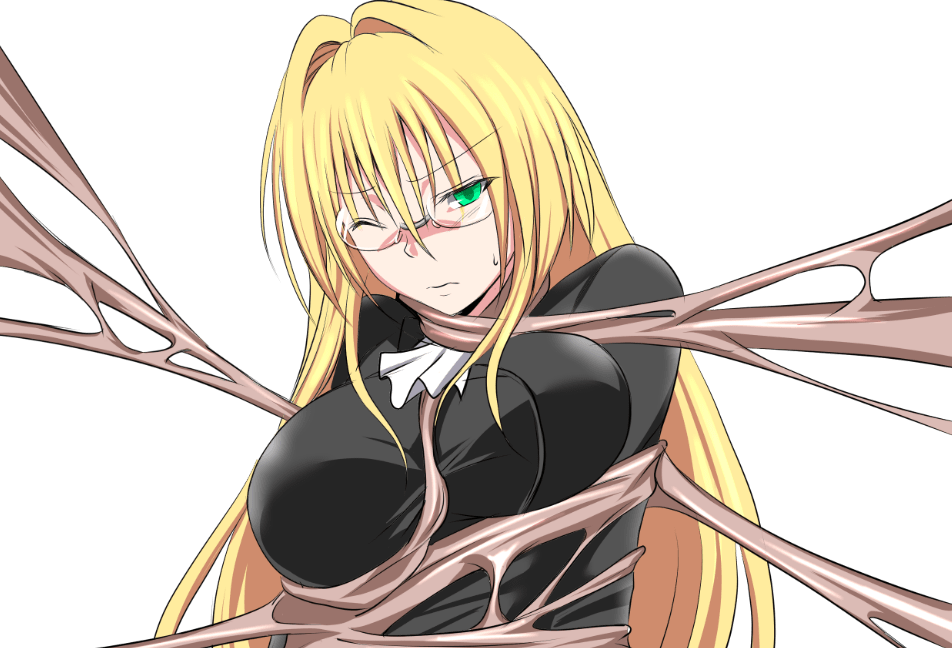 1girl areolae black_clothes blonde_hair blush breast_squeeze breasts closed_mouth game_cg glasses green_eyes highres large_breasts long_hair looking_at_viewer nipples nuko_majin one_eye_closed restrained simple_background solo tearju_lunatique to_love-ru to_love-ru_darkness upper_body