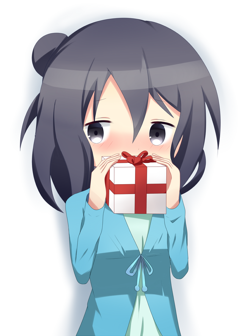 bangs black_eyes black_hair blue_shirt blush box commentary_request covering_mouth dress eyebrows_visible_through_hair gift gift_box green_dress hair_between_eyes hair_bun holding holding_gift long_hair long_sleeves looking_away looking_to_the_side murakami_shiina nose_blush shin01571 shirt side_bun simple_background solo stella_no_mahou white_background