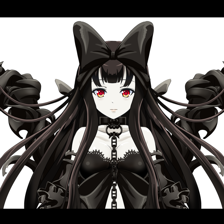 arm_garter bare_shoulders black_bow black_dress black_hair black_ribbon bow breasts chain cleavage collar collarbone commentary_request detached_sleeves dress expressionless frilled_dress frills hair_bow hair_ribbon kantai_collection large_breasts letterboxed long_hair looking_at_viewer machinery off_shoulder orange_eyes puffy_sleeves ribbon seaplane_tender_hime shinkaisei-kan simple_background solo symmetry tk8d32 upper_body white_background white_skin