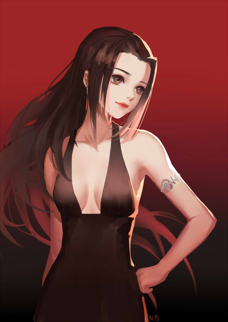 alternate_costume armlet black_dress breasts brown_eyes brown_hair chinese_commentary cleavage commentary_request dress genderswap genderswap_(mtf) gradient gradient_background halterneck hand_on_hip lips long_hair looking_to_the_side medium_breasts naruto_(series) naruto_shippuuden nho_(316784766) no_bra red_background red_lips senju_hashirama solo very_long_hair