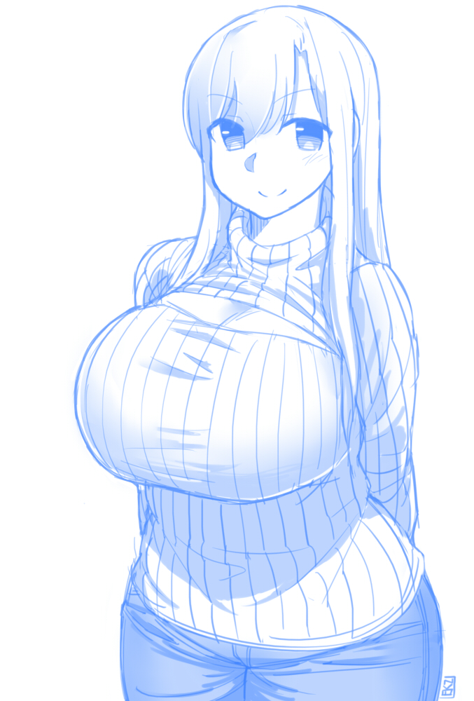 &gt;:) arms_behind_back blue blush breasts closed_mouth ekz_(drawfag) huge_breasts long_hair looking_at_viewer meme_attire monochrome open-chest_sweater original pants ribbed_sweater sketch smile solo sweater turtleneck turtleneck_sweater v-shaped_eyebrows white_background