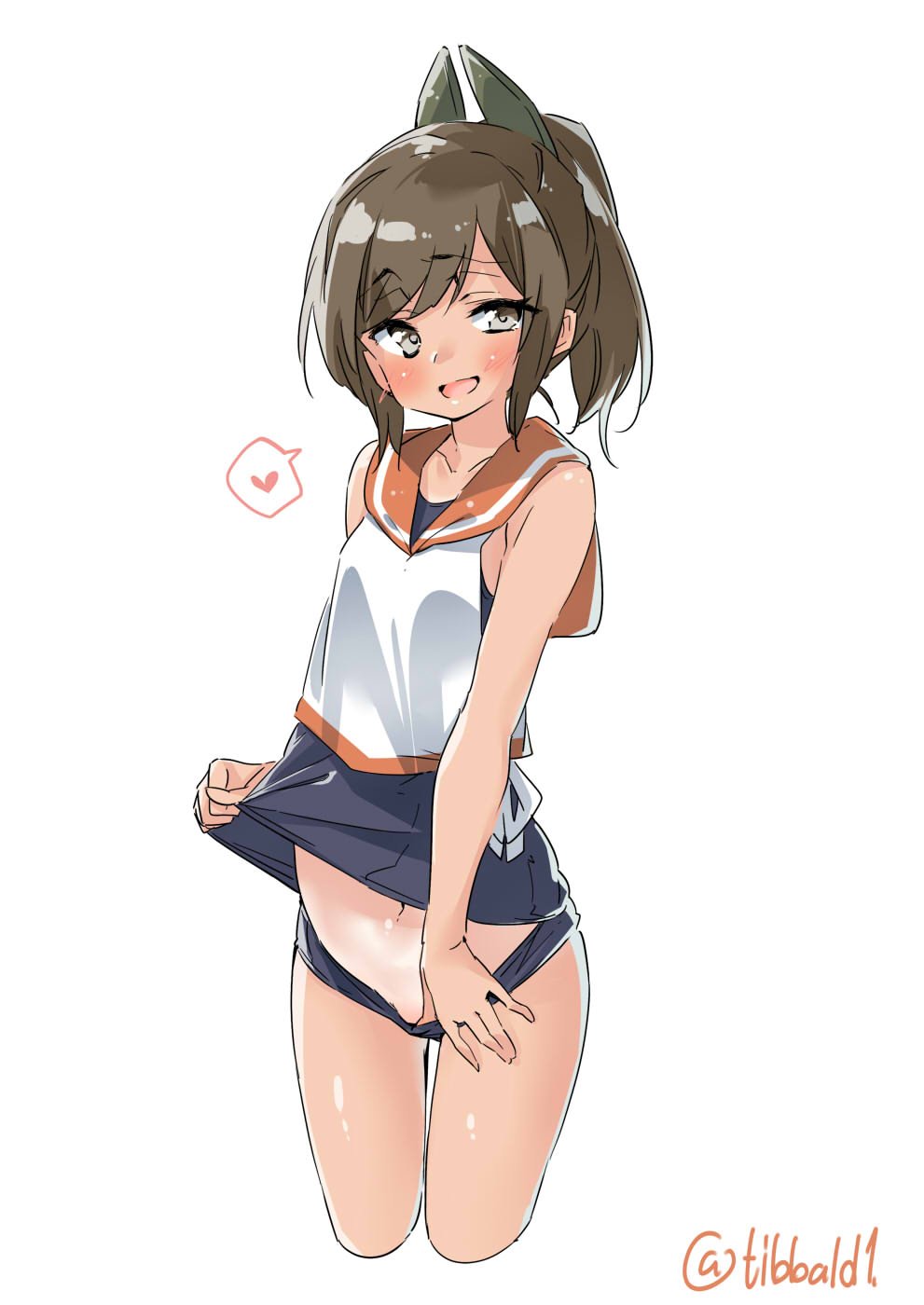 :d bangs bare_arms blush brown_eyes brown_hair cowboy_shot cropped_legs ebifurya eyebrows_visible_through_hair heart highres i-401_(kantai_collection) kantai_collection looking_at_viewer navel open_mouth ponytail pulled_by_self school_swimsuit simple_background smile solo spoken_heart swimsuit swimsuit_pull twitter_username white_background