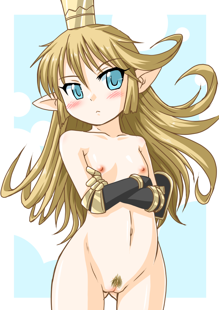 1girl blonde_hair blush charlotta_(granblue_fantasy) closed_mouth collarbone cowboy_shot crossed_arms crown elbow_gauntlets eyebrows_visible_through_hair female flat_chest gauntlets gluteal_fold granblue_fantasy hair_between_eyes jewelry long_hair looking_at_viewer murasaki_(konekomilk) navel nipples nude outside_border petite pointy_ears pussy solo standing uncensored white_background