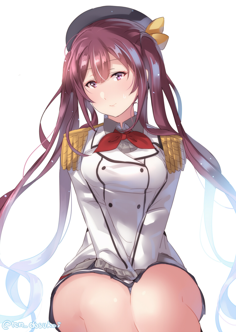 beret black_hat brown_eyes brown_hair cosplay epaulettes frilled_sleeves frills hat juurouta kamikaze_(kantai_collection) kantai_collection kashima_(kantai_collection) kashima_(kantai_collection)_(cosplay) long_hair long_sleeves looking_at_viewer military military_jacket military_uniform miniskirt neckerchief red_neckwear sitting skirt solo twintails twitter_username uniform white_background