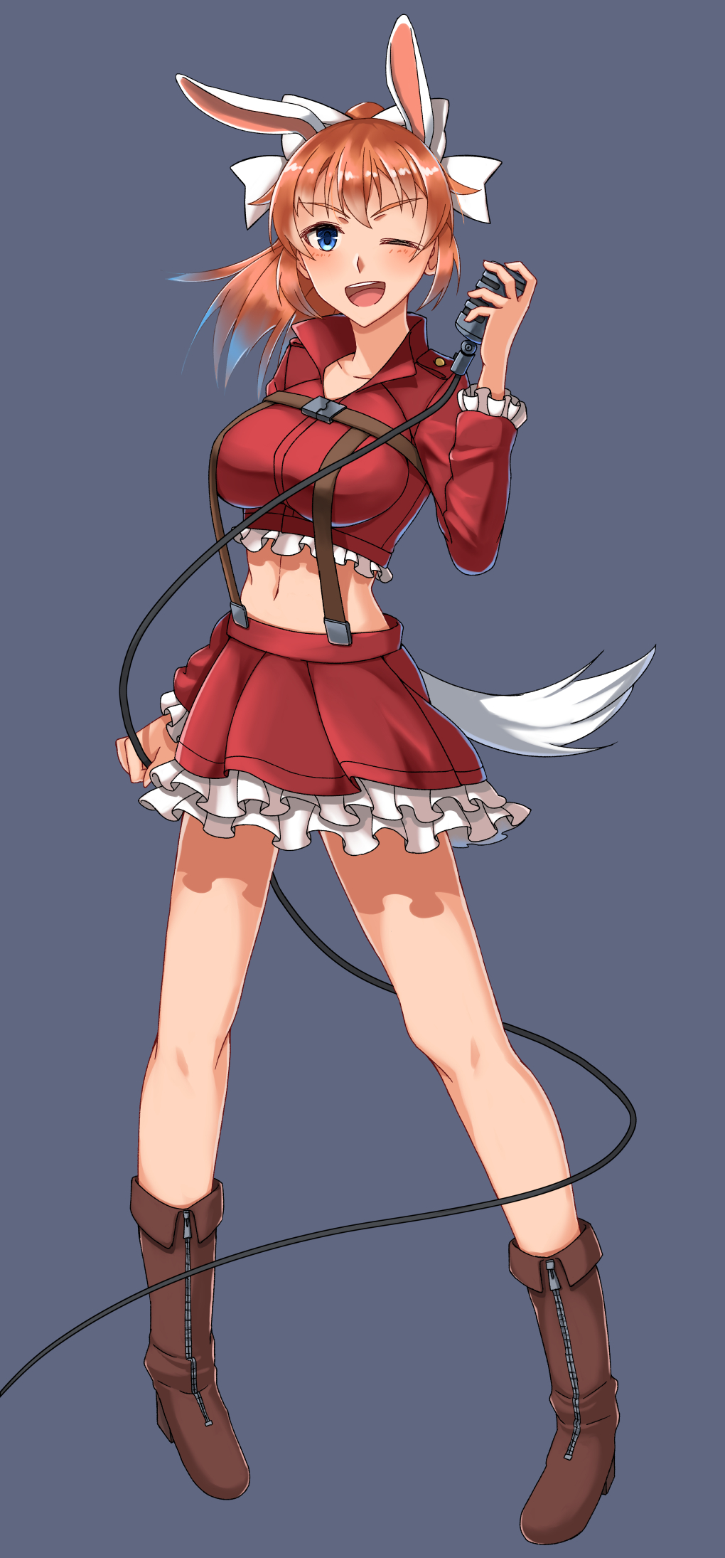 animal_ears blue_background blue_eyes blush breasts brown_hair bunny_ears charlotte_e_yeager collarbone hair_ornament hair_ribbon highres hiroshi_(hunter-of-kct) large_breasts microphone midriff navel one_eye_closed ribbon simple_background skirt smile solo strike_witches tail world_witches_series