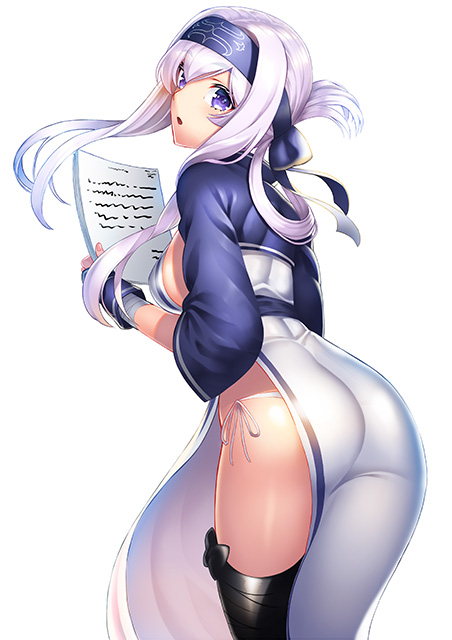ainu_clothes ass blue_eyes blue_headband breasts cropped_jacket folded_ponytail from_behind hair_between_eyes headband holding holding_paper kamoi_(kantai_collection) kantai_collection kyon_(fuuran) long_hair looking_at_viewer medium_breasts open_mouth panties paper side-tie_panties sidelocks simple_background solo underwear white_background white_hair