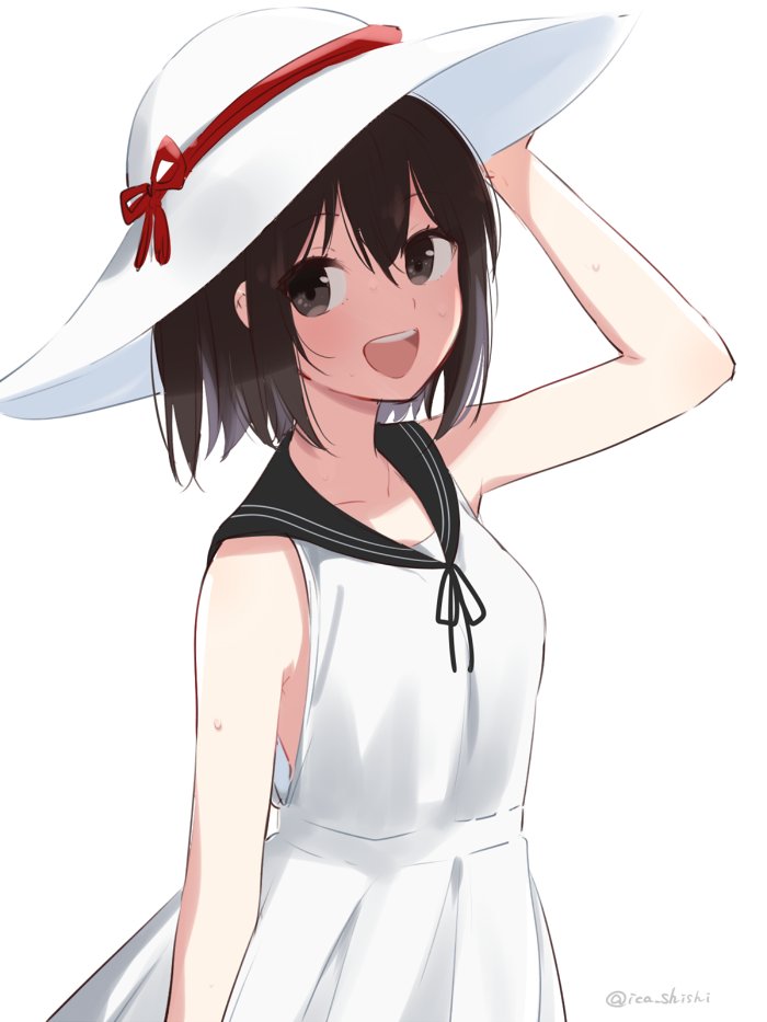 :d bare_arms bare_shoulders black_ribbon black_sailor_collar blush brown_eyes brown_hair commentary_request dress from_side hat hat_ribbon ica kantai_collection looking_at_viewer looking_to_the_side neck_ribbon open_mouth red_ribbon ribbon sailor_collar sendai_(kantai_collection) short_hair simple_background smile solo standing sun_hat sundress sweat twitter_username white_background white_dress white_hat