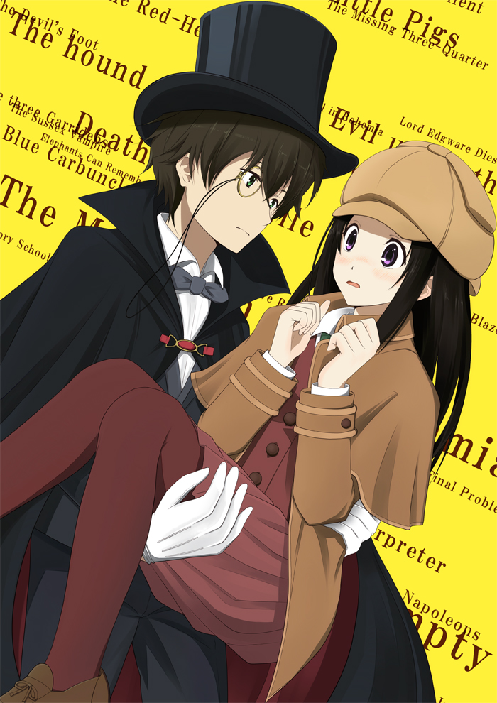 1girl black_cape black_hair black_hat black_pants blush bow bowtie brown_hat brown_shirt brown_skirt cape capelet carrying chitanda_eru dutch_angle eye_contact formal gloves green_eyes grey_bow grey_neckwear hat hyouka kimi_ni_matsuwaru_mystery long_hair looking_at_another monocle open_mouth oreki_houtarou pant_suit pants pantyhose pleated_skirt princess_carry purple_eyes red_legwear shirt skirt standing suit white_gloves white_shirt yellow_background zoom_(artist)