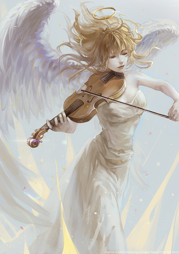 angel_wings blonde_hair breasts cleavage closed_eyes dress feathered_wings floating_hair holding holding_instrument instrument left-handed long_dress long_hair medium_breasts miyazono_kawori music oreki_genya playing_instrument shigatsu_wa_kimi_no_uso sleeveless sleeveless_dress solo standing strapless strapless_dress violin white_dress white_wings wings