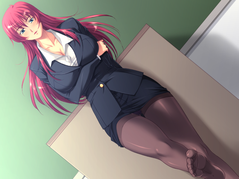 1girl blue_eyes blush breasts chalkboard classroom cleavage feet large_breasts long_hair no_shoes pantyhose pantyshot parted_lips pov red_hair soles teacher toes