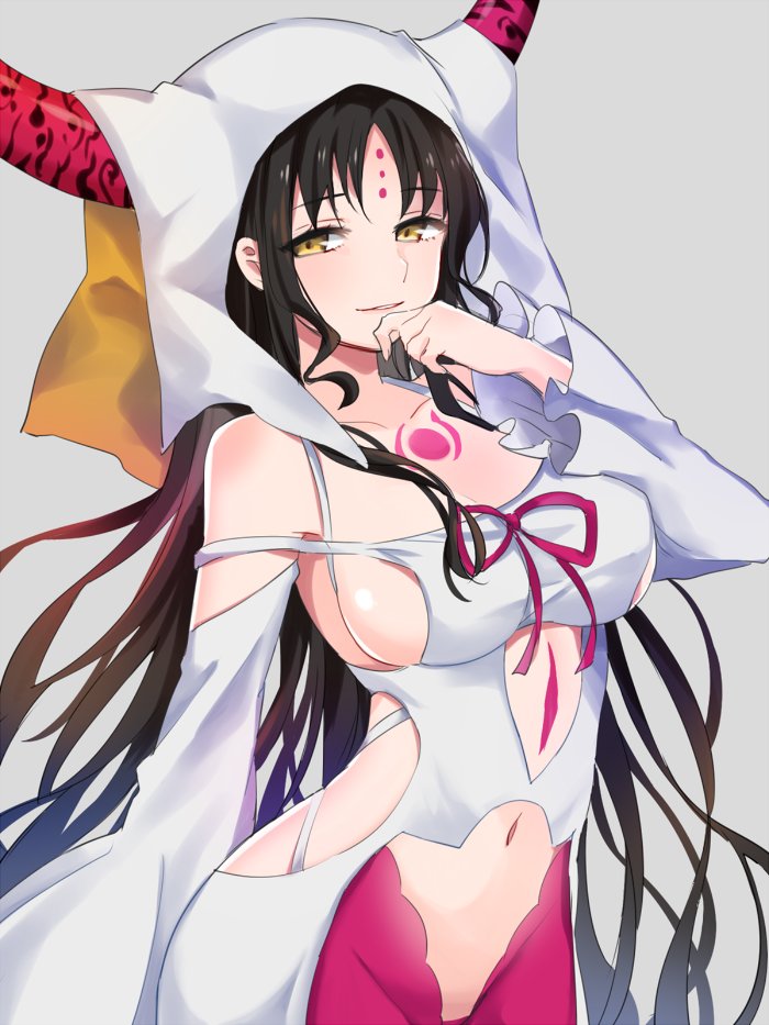 bangs bare_shoulders black_hair breasts commentary detached_sleeves dress facial_mark fate/grand_order fate_(series) forehead_mark grey_background grin hand_to_own_mouth horns ica large_breasts long_hair long_sleeves looking_at_viewer navel parted_lips revealing_clothes sesshouin_kiara simple_background smile solo tattoo veil very_long_hair white_dress yellow_eyes