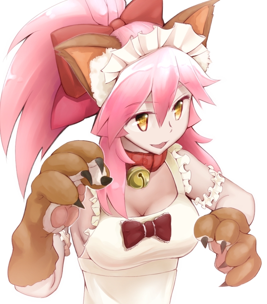 animal_ears bell bell_collar breasts cleavage collar fate/extra fate/extra_ccc fate/grand_order fate_(series) fox_ears gloves hair_ribbon kinpun_(fgxdw447) large_breasts long_hair looking_away open_mouth paw_gloves paws pink_hair ponytail ribbon simple_background solo tamamo_(fate)_(all) tamamo_cat_(fate) traditional_media upper_body watercolor_(medium) white_background yellow_eyes