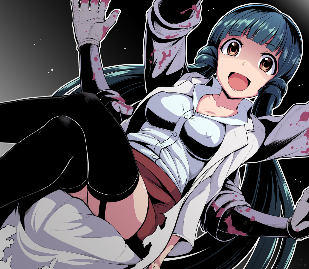 blood blood_splatter blue_hair blush breasts brown_eyes dan_(orange_train) idolmaster idolmaster_million_live! kitakami_reika labcoat long_hair looking_at_viewer medium_breasts multiple_arms open_mouth shaded_face smile solo twintails