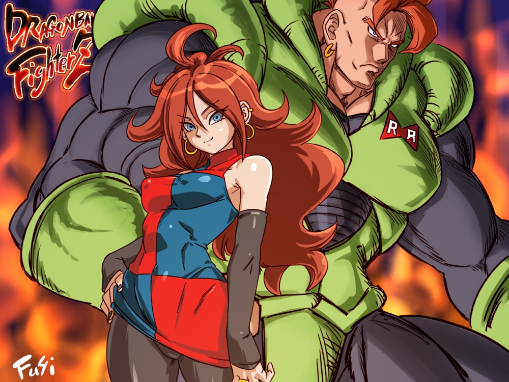 1girl android_16 android_21 arm_warmers bare_shoulders black_legwear bodysuit breasts commentary_request covered_navel covered_nipples cyborg dragon_ball dragon_ball_fighterz dress earrings eyebrows fire frown fushisha_o hand_on_hip hoop_earrings jewelry long_hair looking_at_viewer medium_breasts multicolored multicolored_clothes multicolored_dress muscle nail_polish no_eyewear pantyhose red_hair sleeveless sleeveless_dress smile
