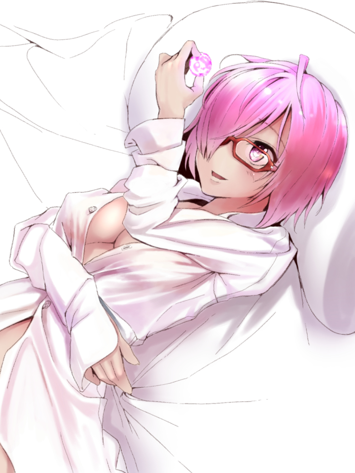 breasts fate/grand_order fate_(series) gem glasses hair_over_one_eye kinpun_(fgxdw447) large_breasts lavender_hair lying mash_kyrielight on_back open_clothes open_mouth open_shirt purple_eyes shirt short_hair solo