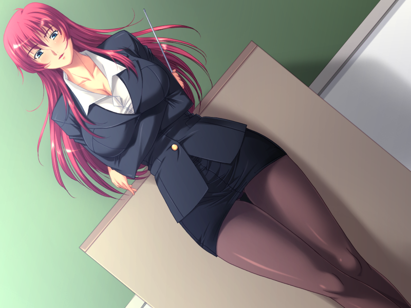 1girl artist_request blue_eyes blush breasts chalkboard classroom cleavage crossed_arms large_breasts long_hair pantyhose pantyshot parted_lips pointer pov red_hair source_request teacher