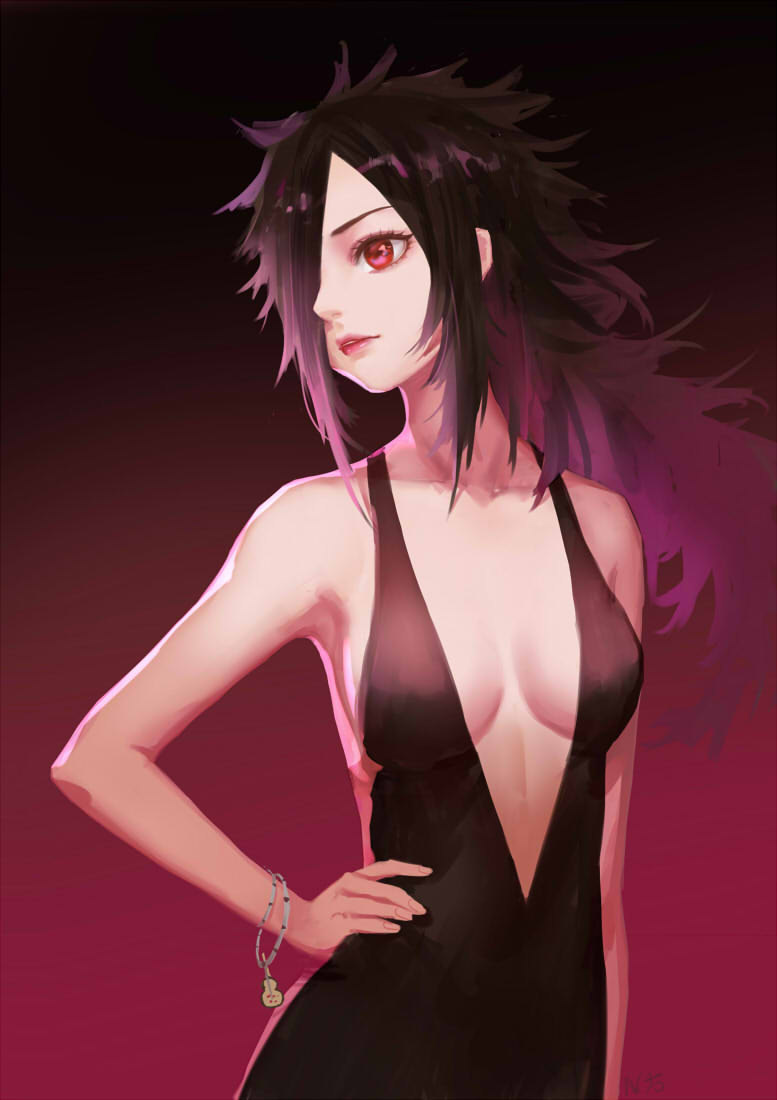 backless_dress backless_outfit black_dress black_hair bracelet breasts chinese_commentary cleavage commentary_request dress genderswap genderswap_(mtf) gradient gradient_background hair_over_one_eye halterneck hand_on_hip jewelry lips long_hair looking_to_the_side medium_breasts naruto_(series) naruto_shippuuden nho_(316784766) no_bra red_background red_eyes red_lips sharingan solo spiked_hair uchiha_madara very_long_hair
