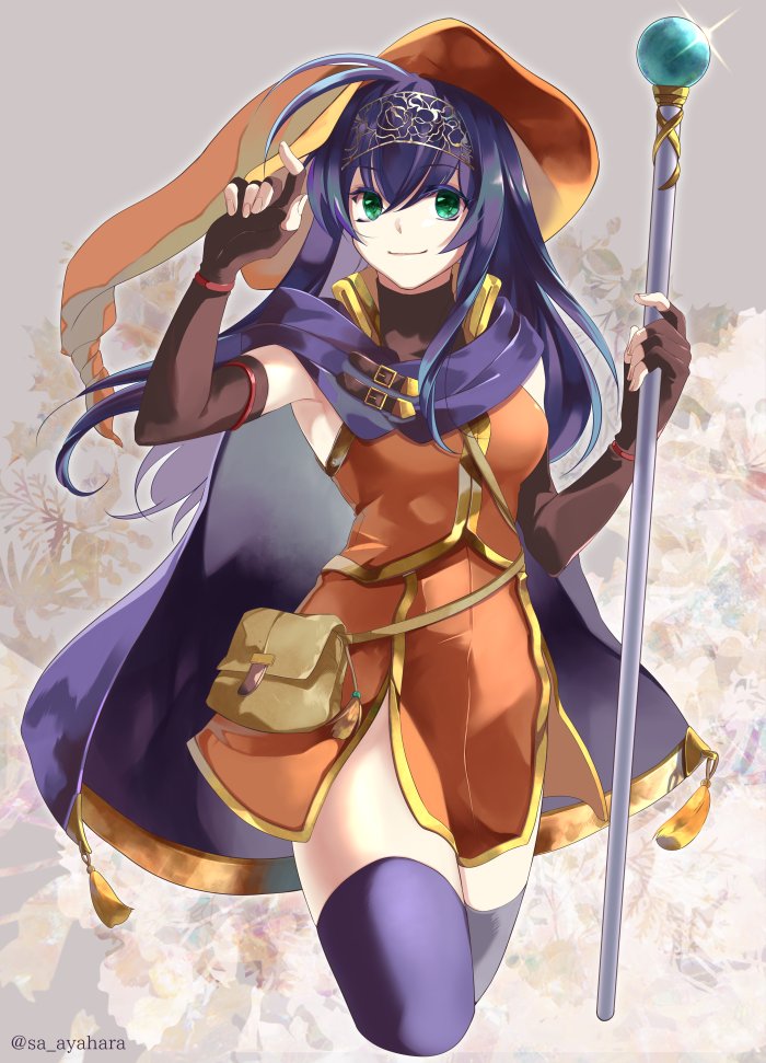 blue_hair cyaca_ab elbow_gloves fire_emblem fire_emblem:_akatsuki_no_megami fire_emblem:_souen_no_kiseki gloves green_eyes hat holding long_hair looking_at_viewer smile solo staff thighhighs wayu_(fire_emblem) witch_hat