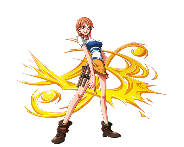 :d bodskih boots breasts brown_eyes brown_footwear full_body looking_at_viewer medium_breasts miniskirt nami_(one_piece) one_piece open_mouth orange_hair shiny shiny_clothes shiny_skin short_hair short_sleeves skirt smile solo standing thigh_strap transparent_background yellow_skirt