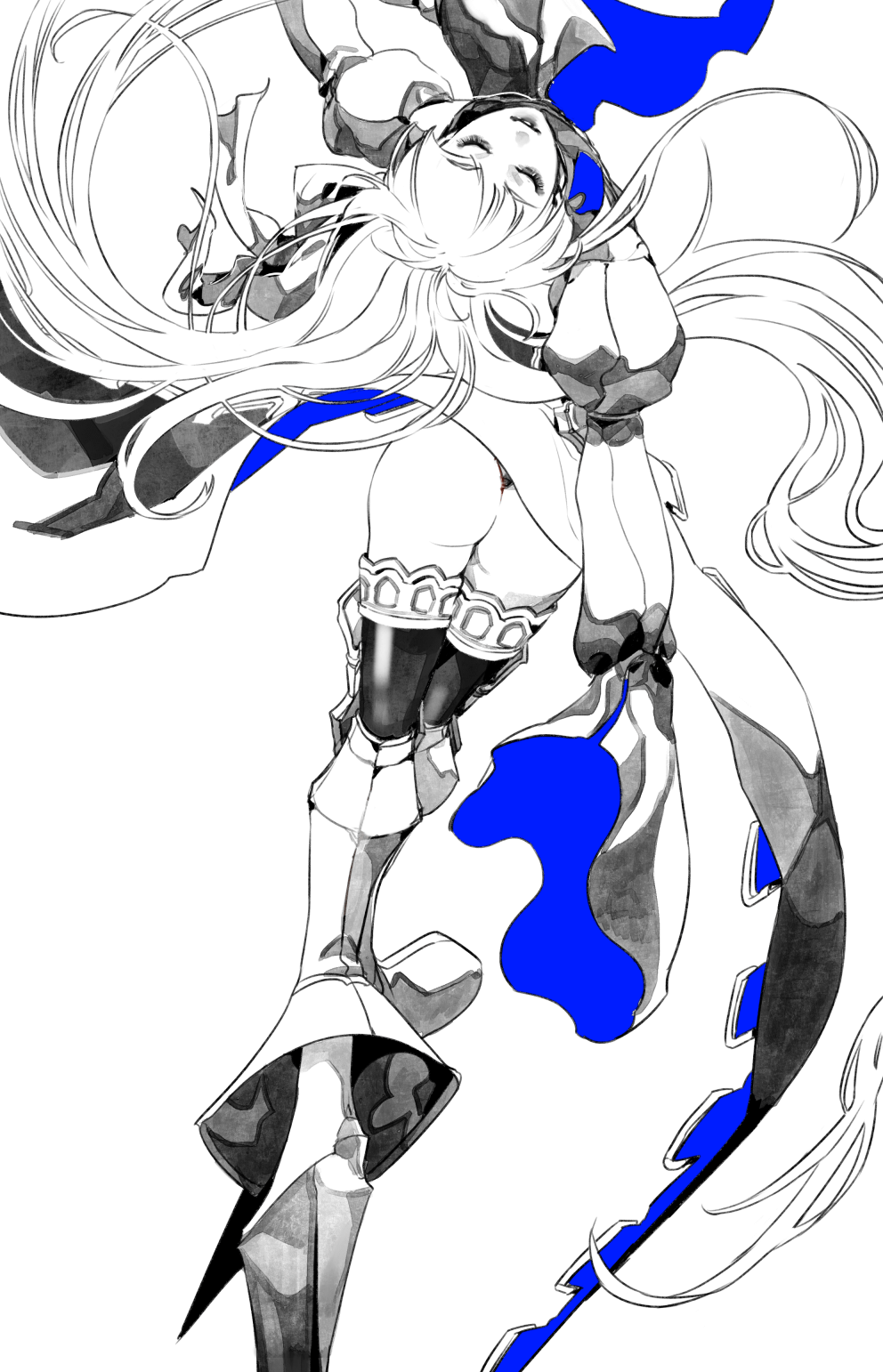 armor ass closed_eyes fate/grand_order fate_(series) from_behind greaves highres leaning_back long_hair long_sleeves meltlilith monochrome outstretched_arms parted_lips puffy_sleeves simple_background sleeves_past_wrists solo spot_color tenobe thighhighs tied_sleeves very_long_hair white_background