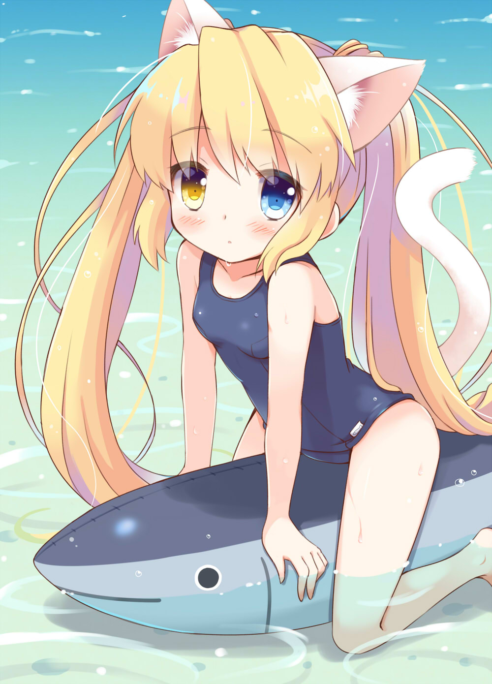 :o animal_ears bare_arms bare_legs barefoot beach blonde_hair blue_eyes blush breasts cat_ears cat_girl cat_tail collarbone commentary_request day fish heterochromia highres inflatable_fish inflatable_toy kemonomimi_mode long_hair looking_at_viewer momoniku_(taretare-13) nakatsu_shizuru one-piece_swimsuit parted_lips partially_submerged rewrite school_swimsuit small_breasts solo straddling swimsuit tail twintails wet wet_clothes wet_swimsuit yellow_eyes