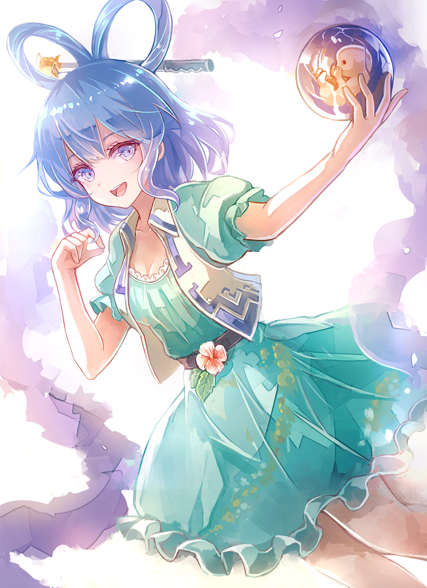 60mai bangs bare_legs belt blue_eyes blue_hair commentary_request dress dutch_angle fetus flower hair_ornament hair_rings hair_stick kaku_seiga looking_at_viewer puffy_short_sleeves puffy_sleeves shawl shiny shiny_hair short_dress short_sleeves smile solo touhou vest