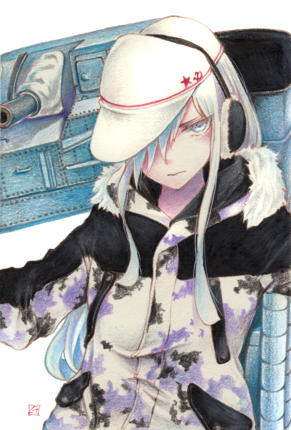 alternate_costume blue_eyes blue_hair camouflage coat colored_pencil_(medium) commentary earmuffs eyelashes hair_over_one_eye hammer_and_sickle hat hibiki_(kantai_collection) highres hood kantai_collection long_hair millipen_(medium) serious sidelocks signature simple_background solo tesun_(g_noh) traditional_media upper_body verniy_(kantai_collection) white_background