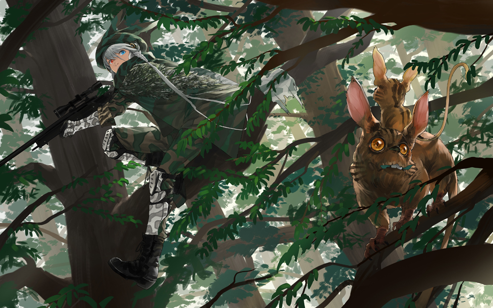 animal animal_hat boots braid branch camouflage cape combat_boots commentary forest gloves gun hat heterochromia in_tree knee_pads looking_down looking_to_the_side nature original rifle scope side_braid silver_hair sleeves_rolled_up sniper sniper_rifle somehira_katsu tail tree weapon
